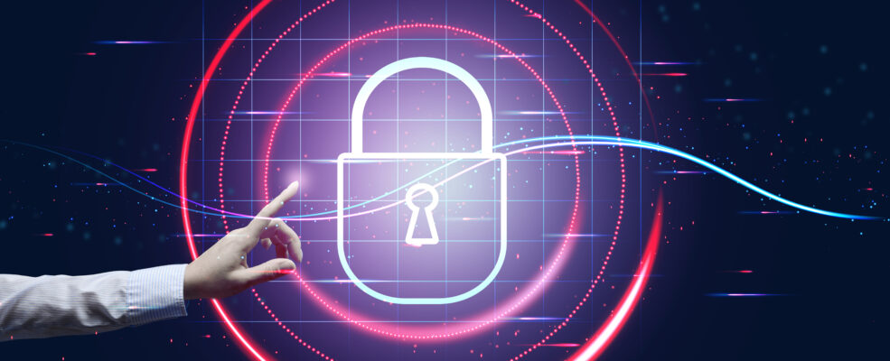 A woman's hand touches a screen with a lock on it to symbolise web security